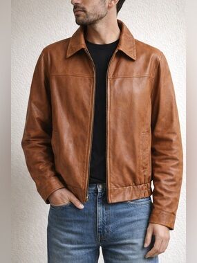 Italian Vera Pelle Leather Jacket • Cognac Brown • Made in Italy